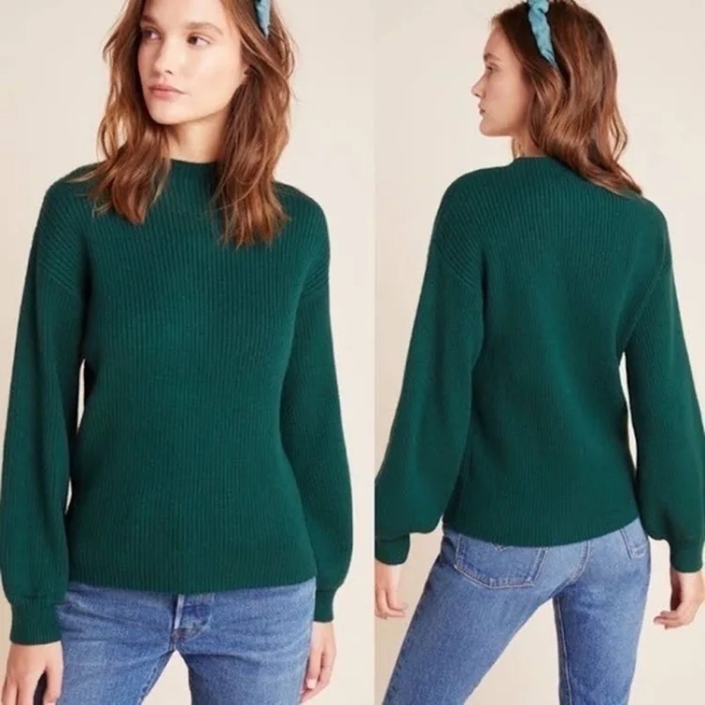 Line + Dot x Anthropologie Green Mock Neck Balloon Sleeve Sweater